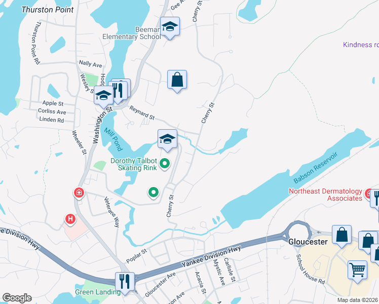 map of restaurants, bars, coffee shops, grocery stores, and more near 56 Cherry Street in Gloucester