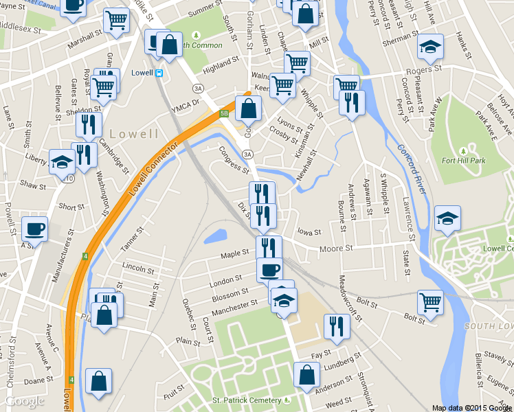 map of restaurants, bars, coffee shops, grocery stores, and more near 883 Gorham Street in Lowell