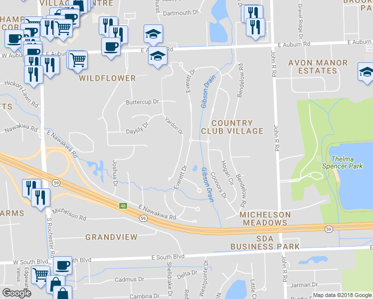 map of restaurants, bars, coffee shops, grocery stores, and more near 3538 Everett Drive in Rochester Hills