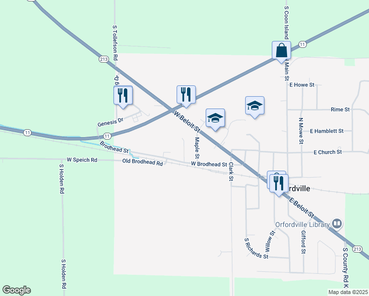 map of restaurants, bars, coffee shops, grocery stores, and more near 123 Maple Street in Orfordville