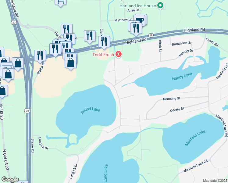 map of restaurants, bars, coffee shops, grocery stores, and more near 1761 Shoreline Drive in Hartland