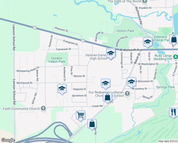 map of restaurants, bars, coffee shops, grocery stores, and more near 233 Turtle Creek Drive in Delavan
