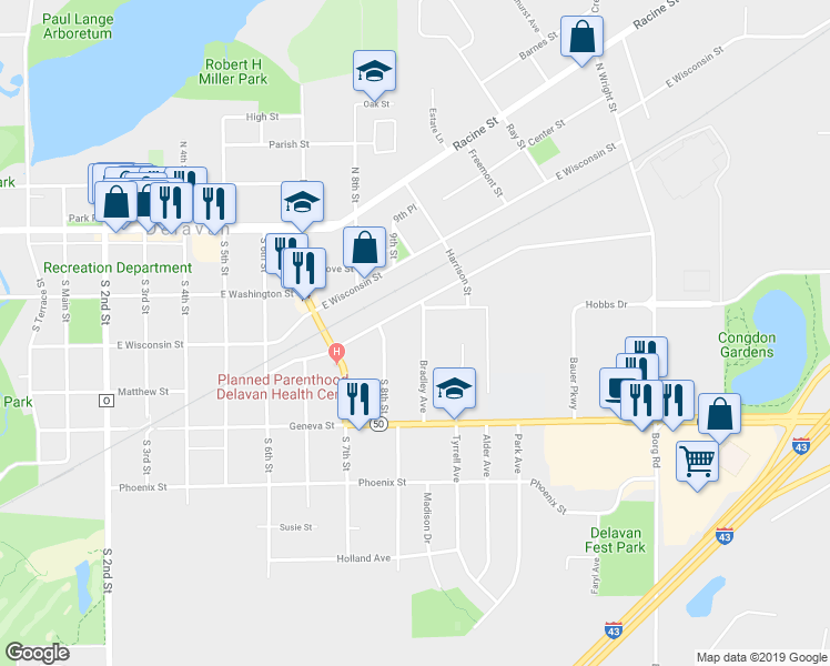 map of restaurants, bars, coffee shops, grocery stores, and more near 320 Bradley Avenue in Delavan