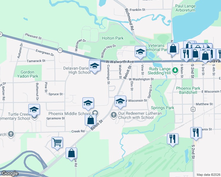 map of restaurants, bars, coffee shops, grocery stores, and more near 239 Cummings Street in Delavan