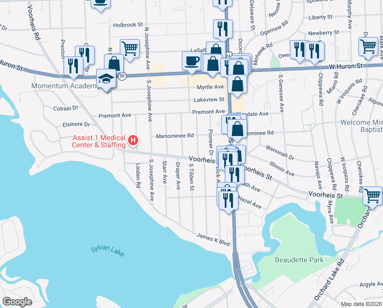 map of restaurants, bars, coffee shops, grocery stores, and more near 998 Voorheis Street in Waterford Township