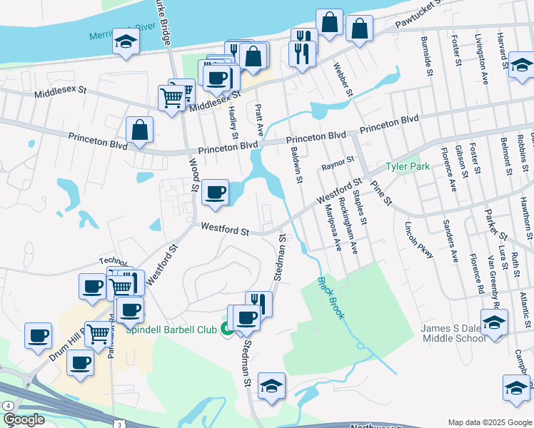 map of restaurants, bars, coffee shops, grocery stores, and more near 205 Pratt Avenue in Lowell