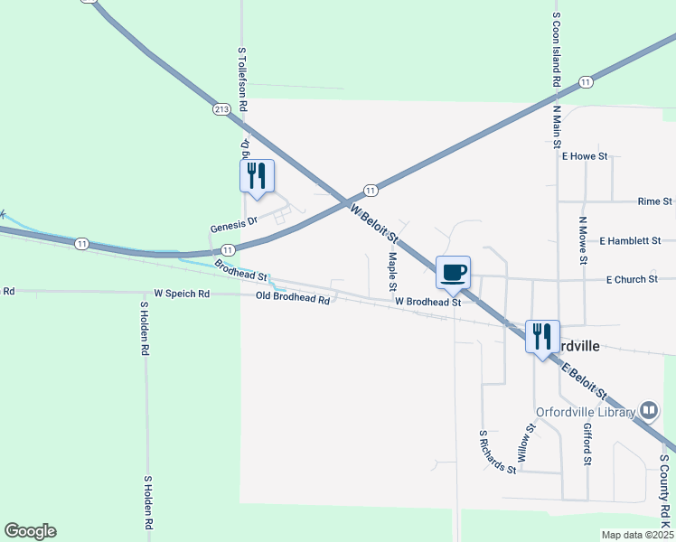 map of restaurants, bars, coffee shops, grocery stores, and more near 602 West Brodhead Street in Orfordville