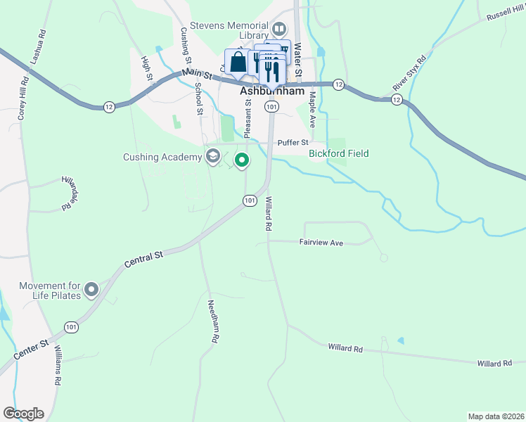 map of restaurants, bars, coffee shops, grocery stores, and more near 11 Willard Road in Ashburnham