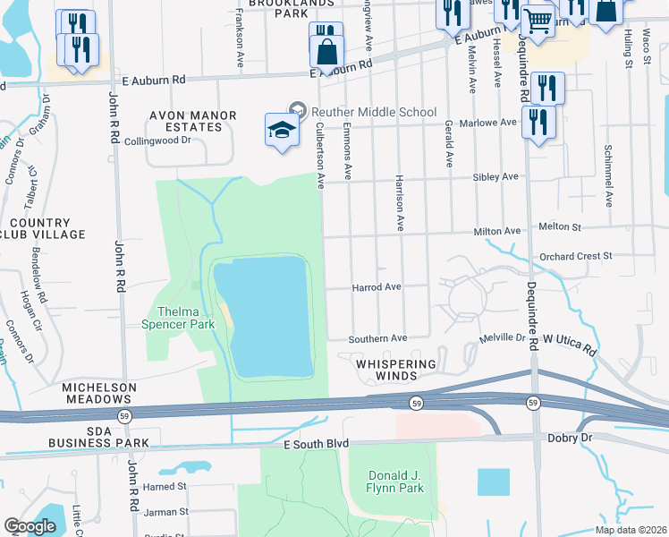 map of restaurants, bars, coffee shops, grocery stores, and more near 3401 Culbertson Avenue in Rochester Hills