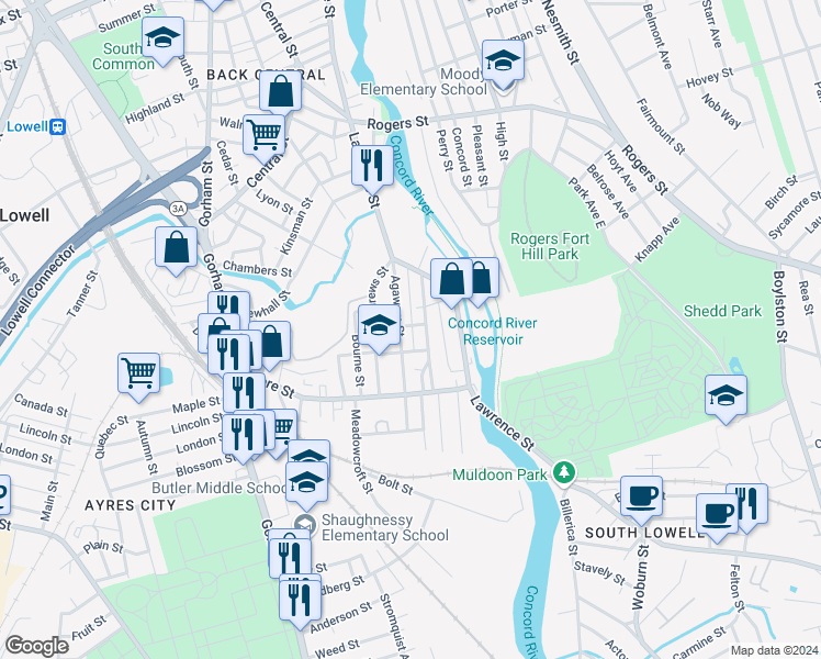 map of restaurants, bars, coffee shops, grocery stores, and more near 35 Griffin Street in Lowell