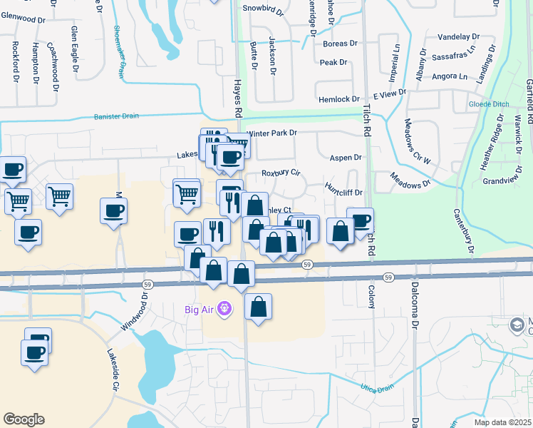 map of restaurants, bars, coffee shops, grocery stores, and more near 15344 Ashley Court in Macomb