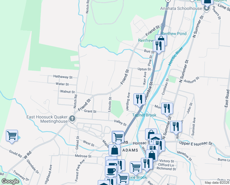 map of restaurants, bars, coffee shops, grocery stores, and more near 144 Friend Street in Adams