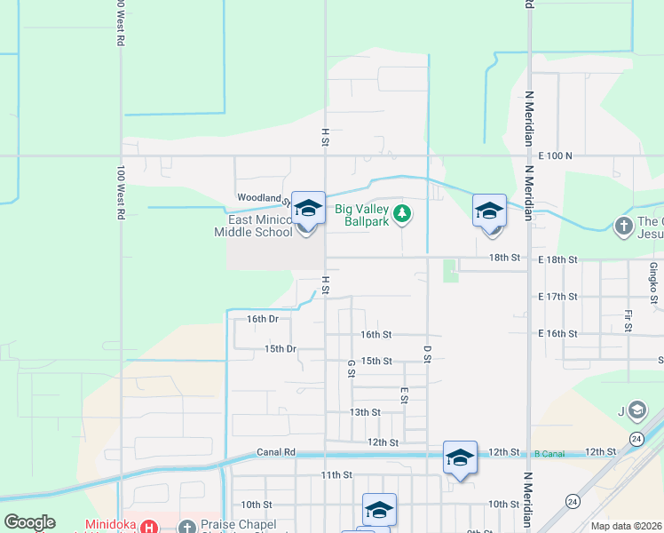 map of restaurants, bars, coffee shops, grocery stores, and more near 1718 H Street in Rupert