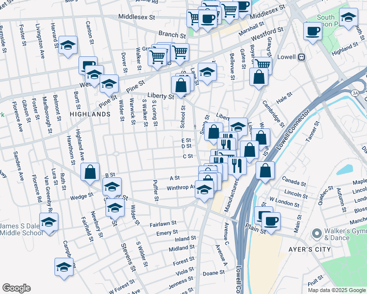 map of restaurants, bars, coffee shops, grocery stores, and more near 746 School Street in Lowell