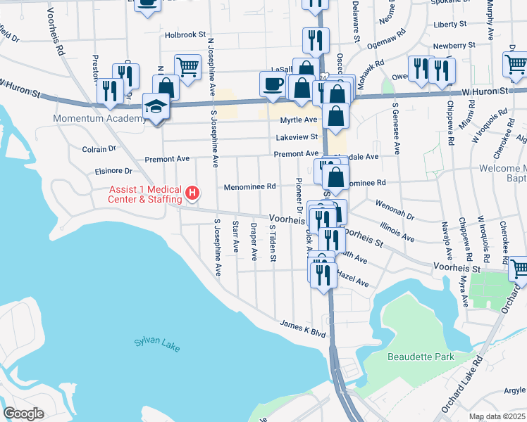 map of restaurants, bars, coffee shops, grocery stores, and more near 998 Voorheis Street in Waterford Township