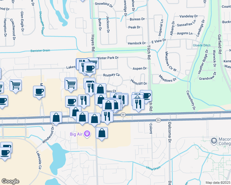 map of restaurants, bars, coffee shops, grocery stores, and more near 15510 Ashley Court in Macomb