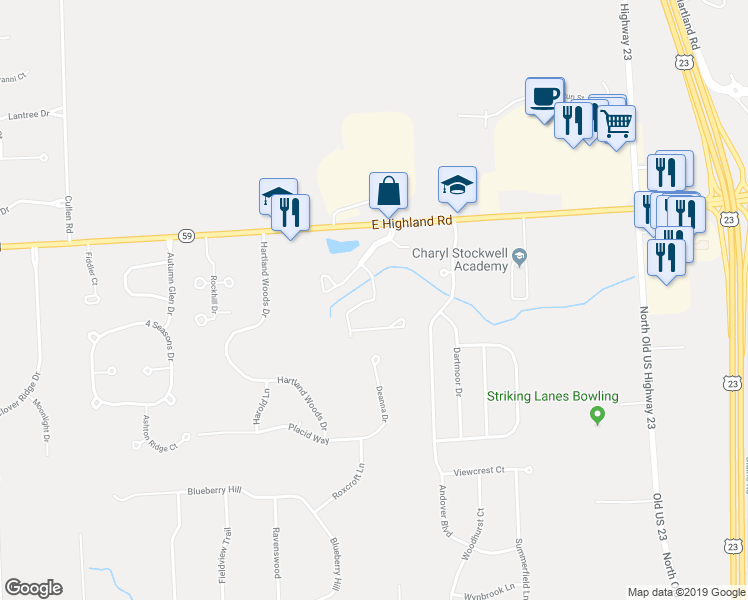 map of restaurants, bars, coffee shops, grocery stores, and more near Oakbrooke Lane in Howell
