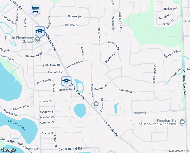 map of restaurants, bars, coffee shops, grocery stores, and more near 8774 Townsend Drive in White Lake charter Township