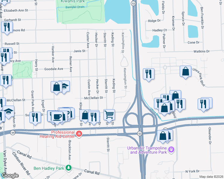 map of restaurants, bars, coffee shops, grocery stores, and more near 45499 Keding Street in Utica