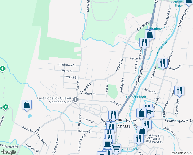 map of restaurants, bars, coffee shops, grocery stores, and more near 147 Friend St in Adams