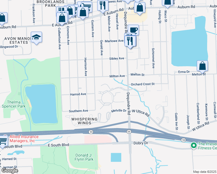 map of restaurants, bars, coffee shops, grocery stores, and more near 1828 Windwood Drive in Rochester