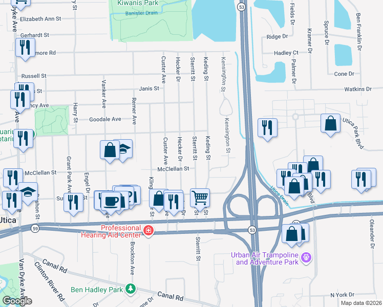 map of restaurants, bars, coffee shops, grocery stores, and more near 45467 Sterritt Street in Utica