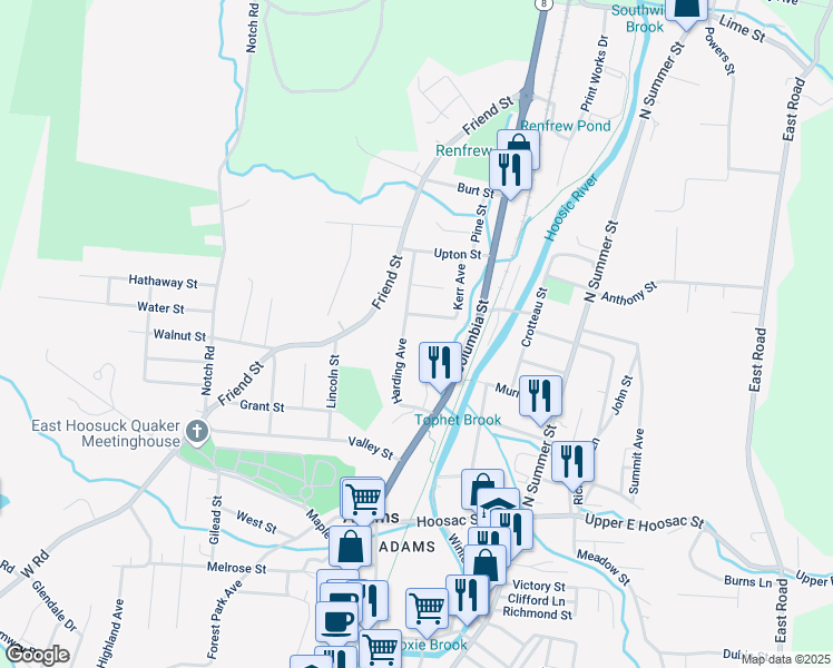 map of restaurants, bars, coffee shops, grocery stores, and more near 20 Harding Avenue in Adams
