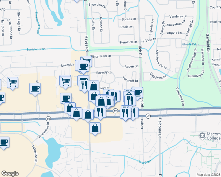 map of restaurants, bars, coffee shops, grocery stores, and more near 15526 Ashley Court in Macomb
