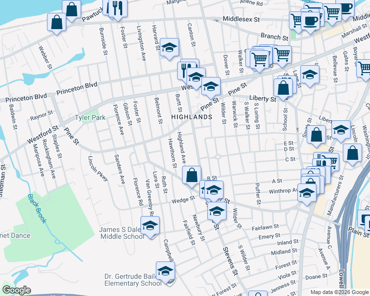 map of restaurants, bars, coffee shops, grocery stores, and more near 50 Highland Avenue in Lowell