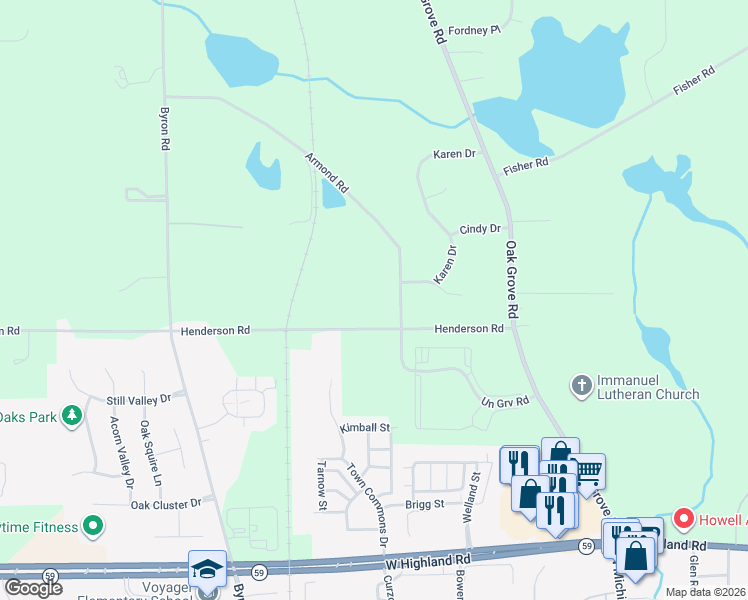 map of restaurants, bars, coffee shops, grocery stores, and more near 2185 Armond Road in Howell