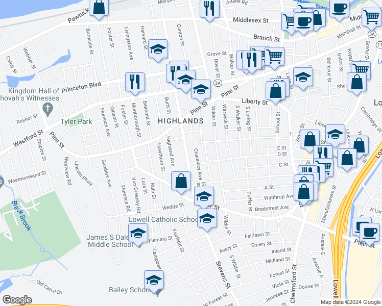 map of restaurants, bars, coffee shops, grocery stores, and more near 358 Stevens Street in Lowell