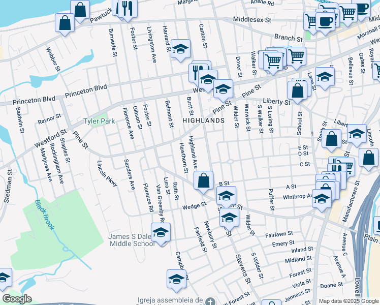 map of restaurants, bars, coffee shops, grocery stores, and more near 62 Highland Avenue in Lowell