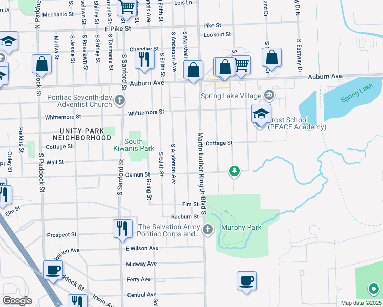 map of restaurants, bars, coffee shops, grocery stores, and more near 295 South Marshall Street in Pontiac