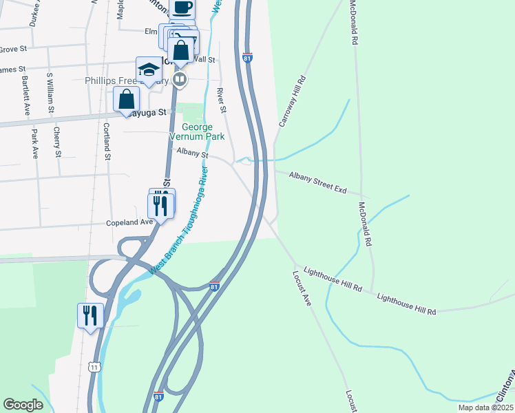 map of restaurants, bars, coffee shops, grocery stores, and more near Albany Street in Cortland County