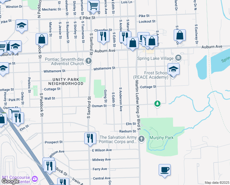 map of restaurants, bars, coffee shops, grocery stores, and more near 279 South Edith Street in Pontiac