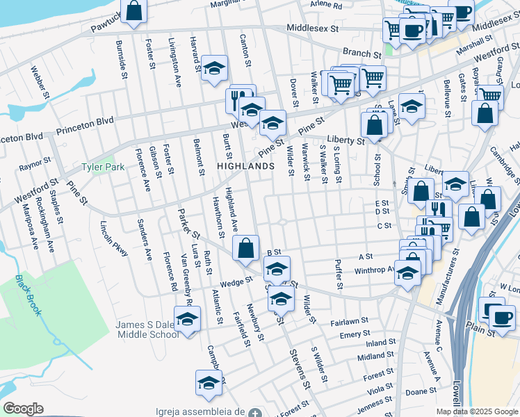 map of restaurants, bars, coffee shops, grocery stores, and more near 358 Stevens Street in Lowell