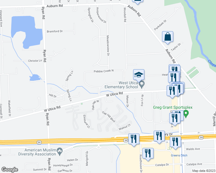 map of restaurants, bars, coffee shops, grocery stores, and more near 4870 Pebble Creek East in Macomb County