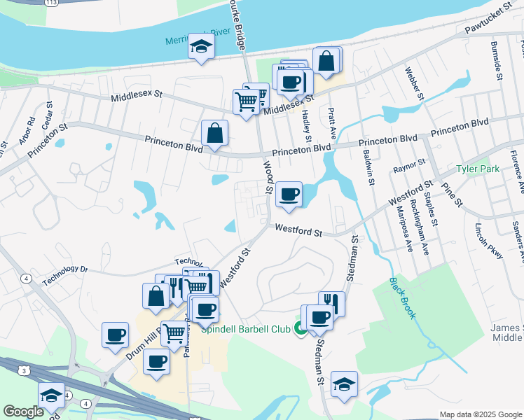 map of restaurants, bars, coffee shops, grocery stores, and more near in Lowell