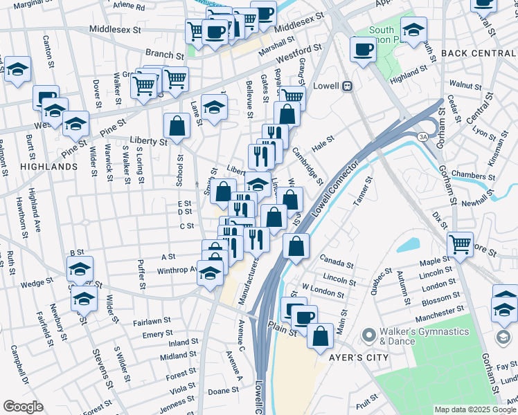 map of restaurants, bars, coffee shops, grocery stores, and more near 300 Chelmsford Street in Lowell