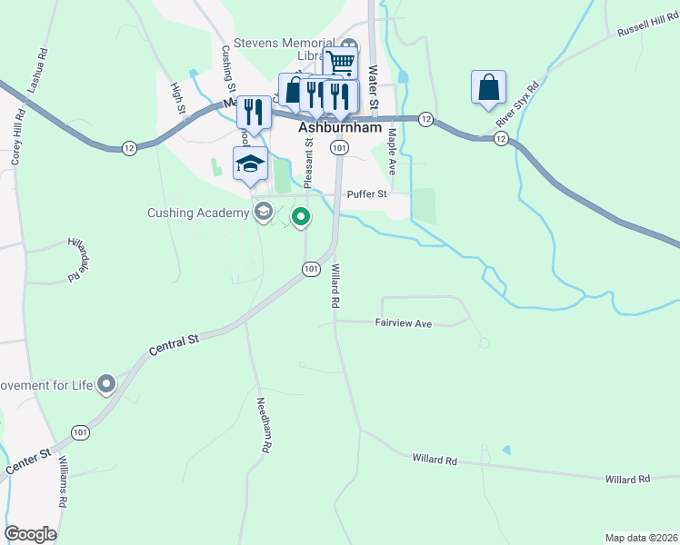map of restaurants, bars, coffee shops, grocery stores, and more near 11 Willard Road in Ashburnham