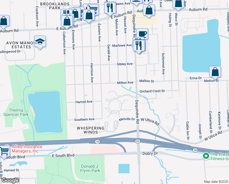 map of restaurants, bars, coffee shops, grocery stores, and more near 1861 Windwood Drive in Rochester