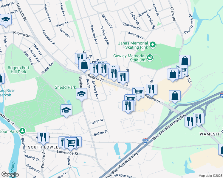 map of restaurants, bars, coffee shops, grocery stores, and more near 661 Rogers Street in Lowell