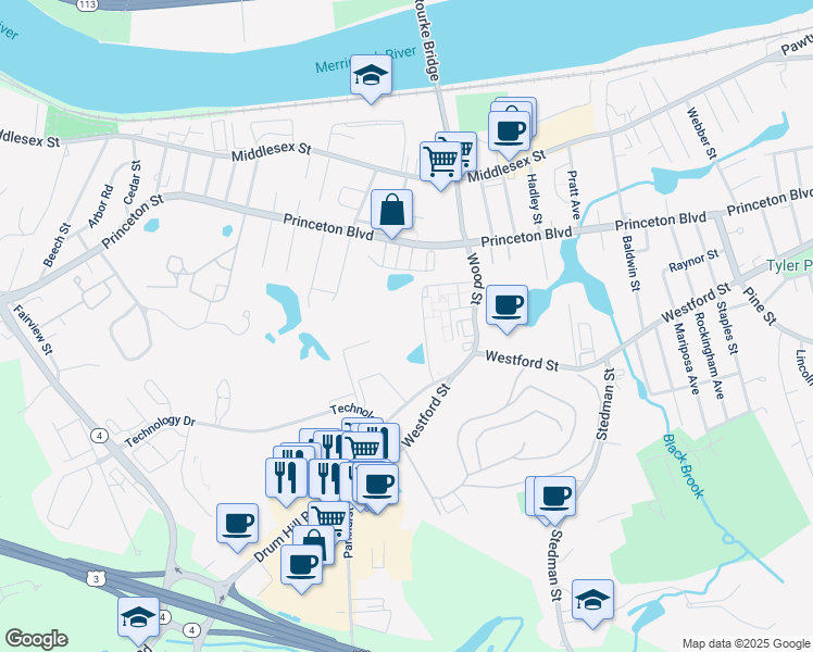 map of restaurants, bars, coffee shops, grocery stores, and more near 35 Carl Street in Lowell