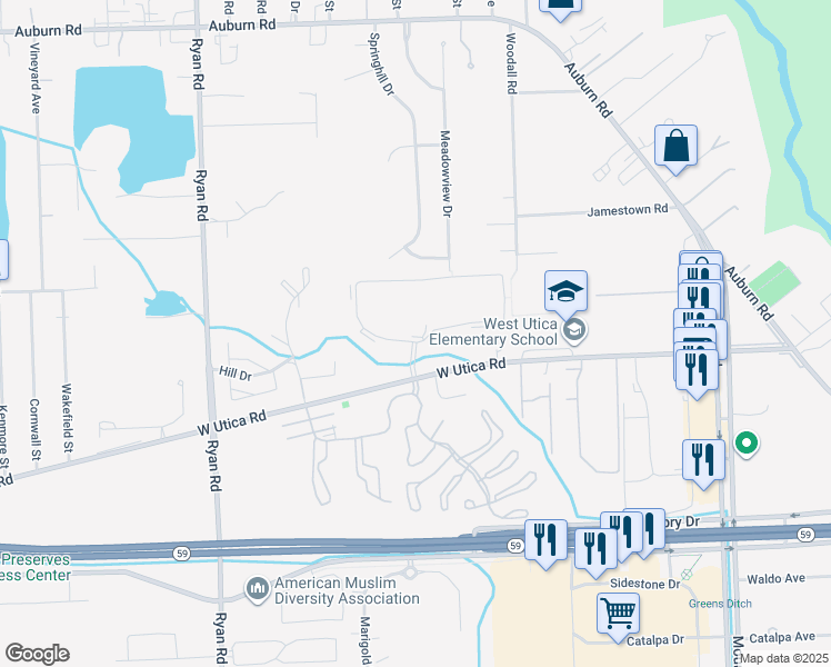 map of restaurants, bars, coffee shops, grocery stores, and more near 4877 Pebble Creek East in Macomb County