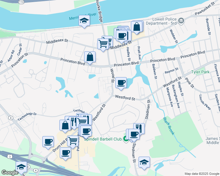 map of restaurants, bars, coffee shops, grocery stores, and more near 151 Wood Street in Lowell