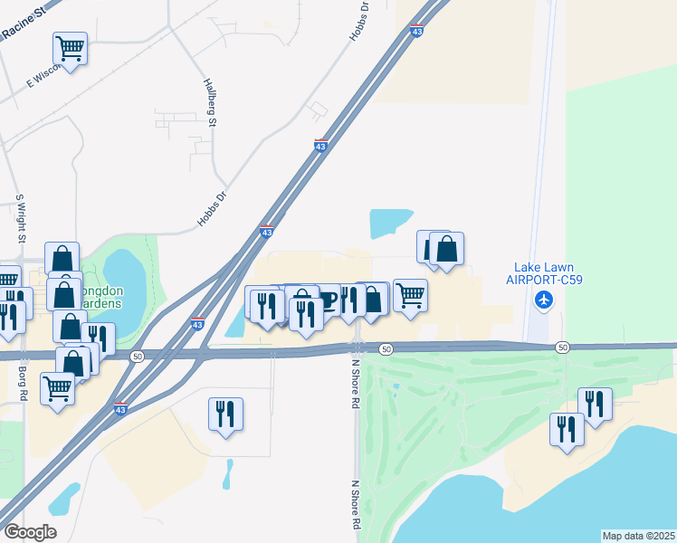 map of restaurants, bars, coffee shops, grocery stores, and more near 1921 East Geneva Street in Delavan