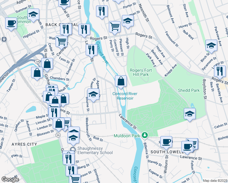 map of restaurants, bars, coffee shops, grocery stores, and more near 847 Lawrence Street in Lowell