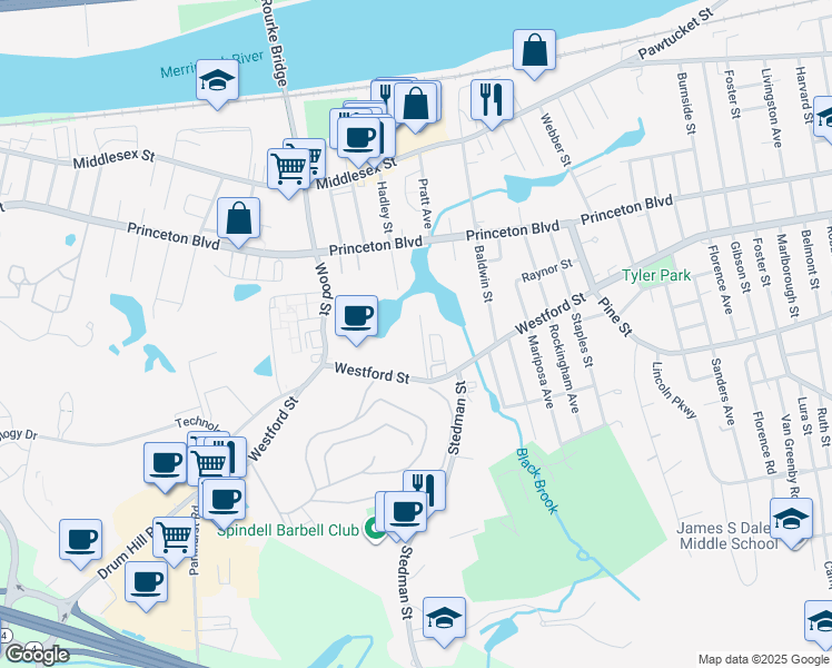 map of restaurants, bars, coffee shops, grocery stores, and more near 1001-1009 Westford Street in Lowell