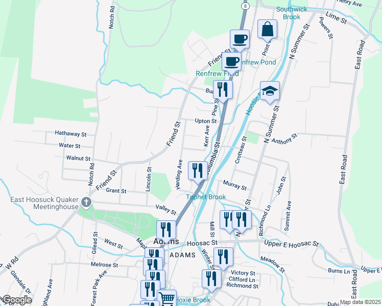 map of restaurants, bars, coffee shops, grocery stores, and more near 20 Harding Avenue in Adams