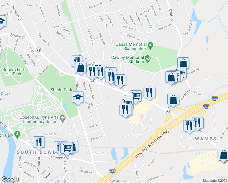 map of restaurants, bars, coffee shops, grocery stores, and more near 661 Rogers Street in Lowell